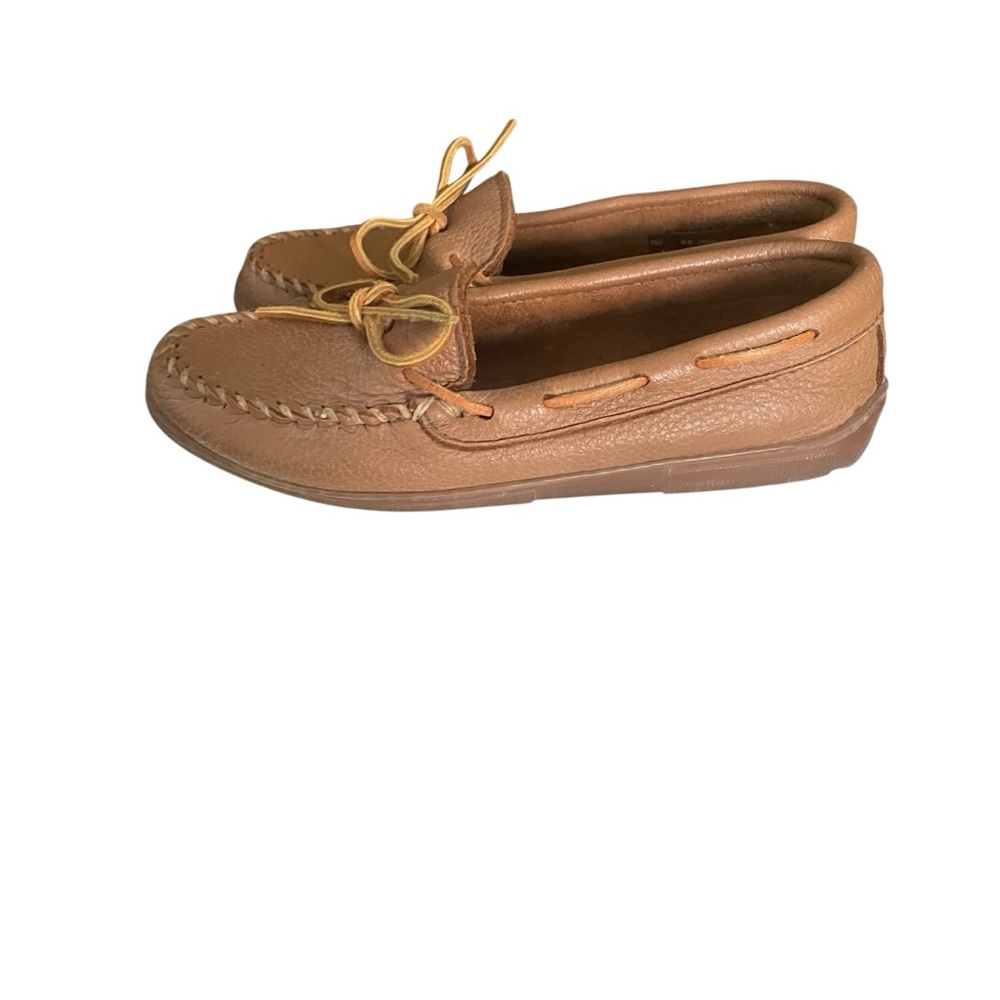 Minnetonka Tan Pebbled Leather Boat Loafer Moccasins with Tie Women's Size 9.5 - Picture 6 of 9